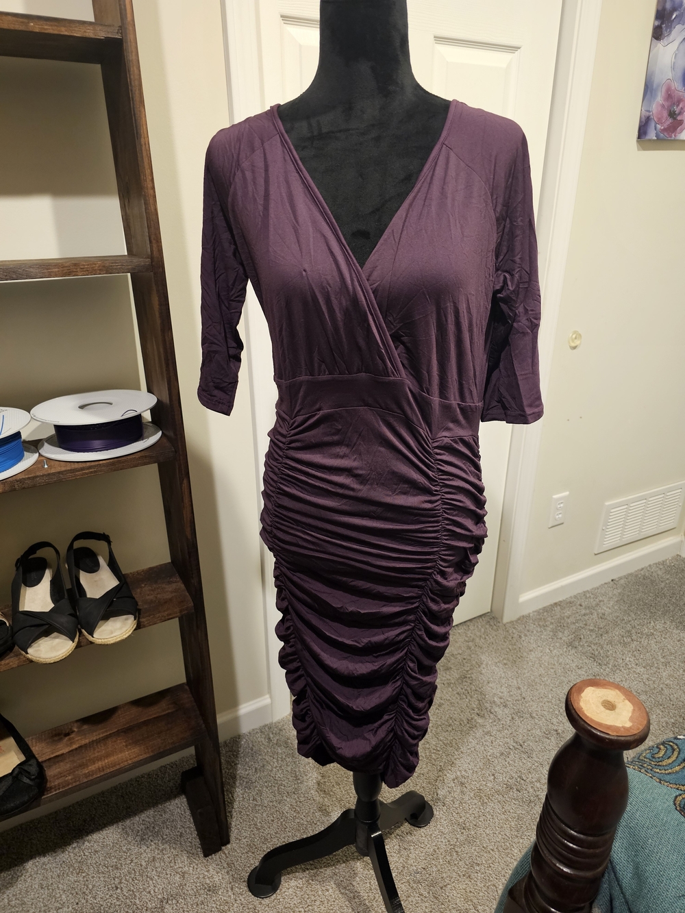 Ruched Wrap-Front Midi Dress in Plum